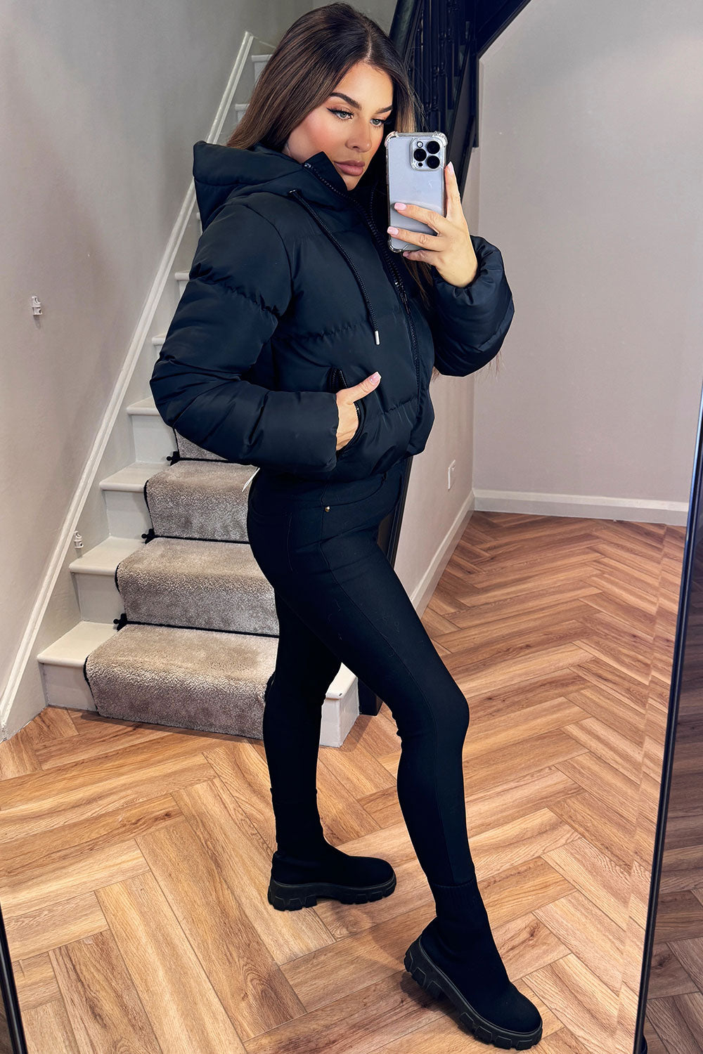 Hooded Puffer Jacket in Black