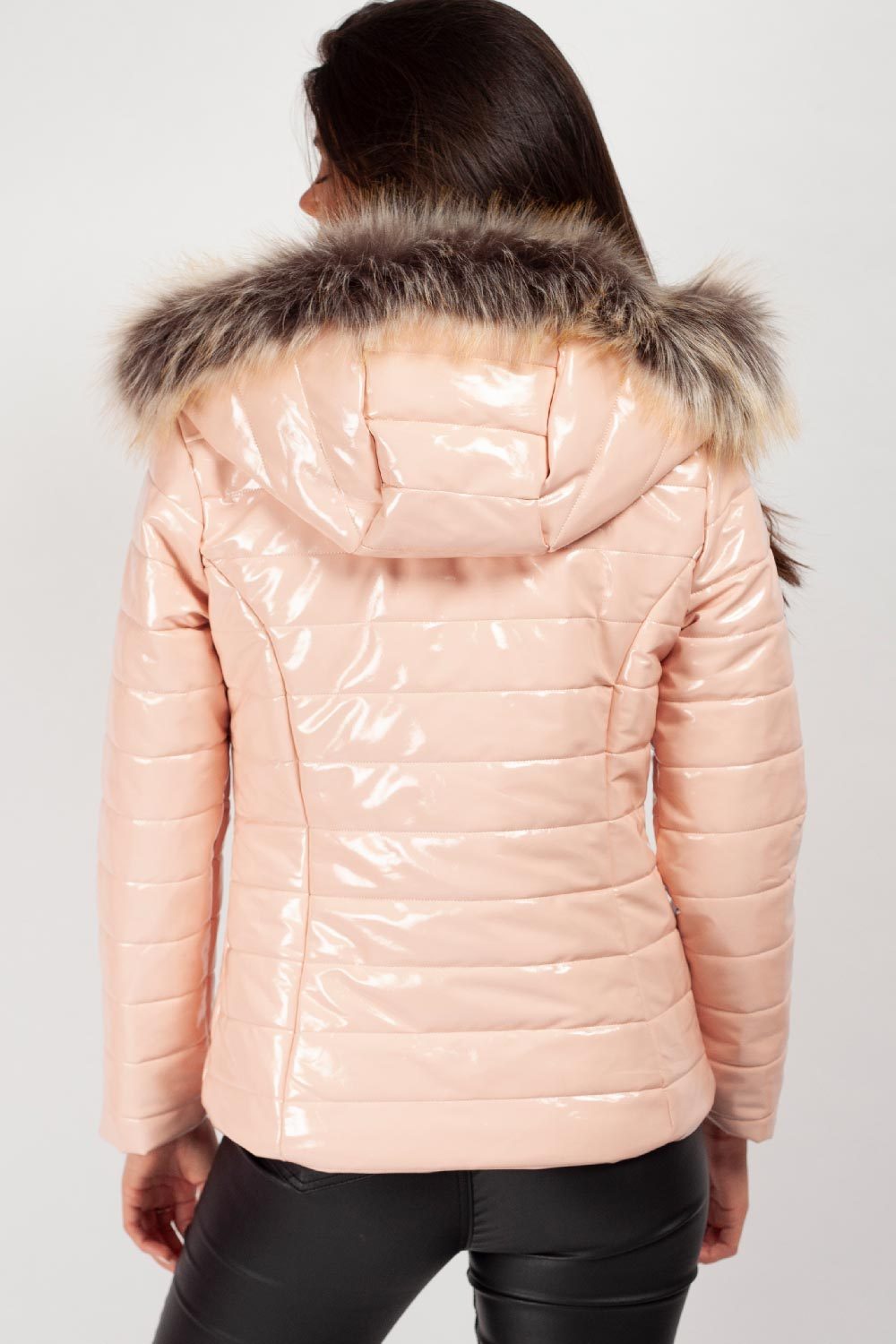 Wet Look Puffer Coat with Faux Fur Hood
