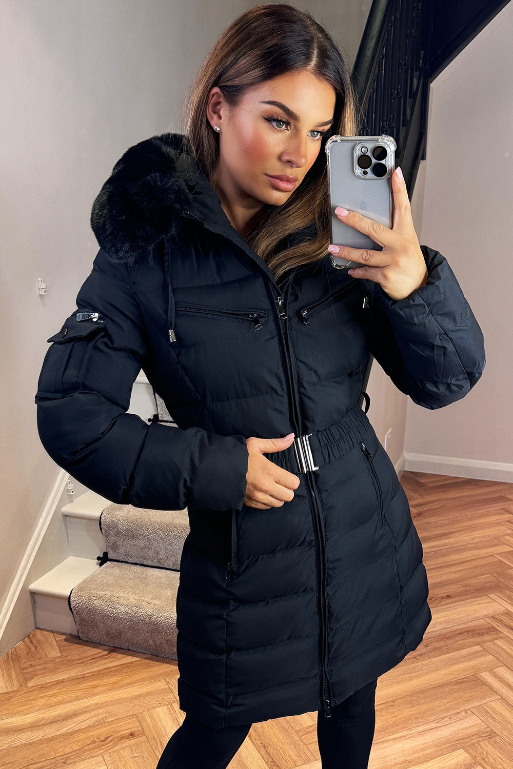 Longline Belted Puffer Coat with Faux Fur Hood
