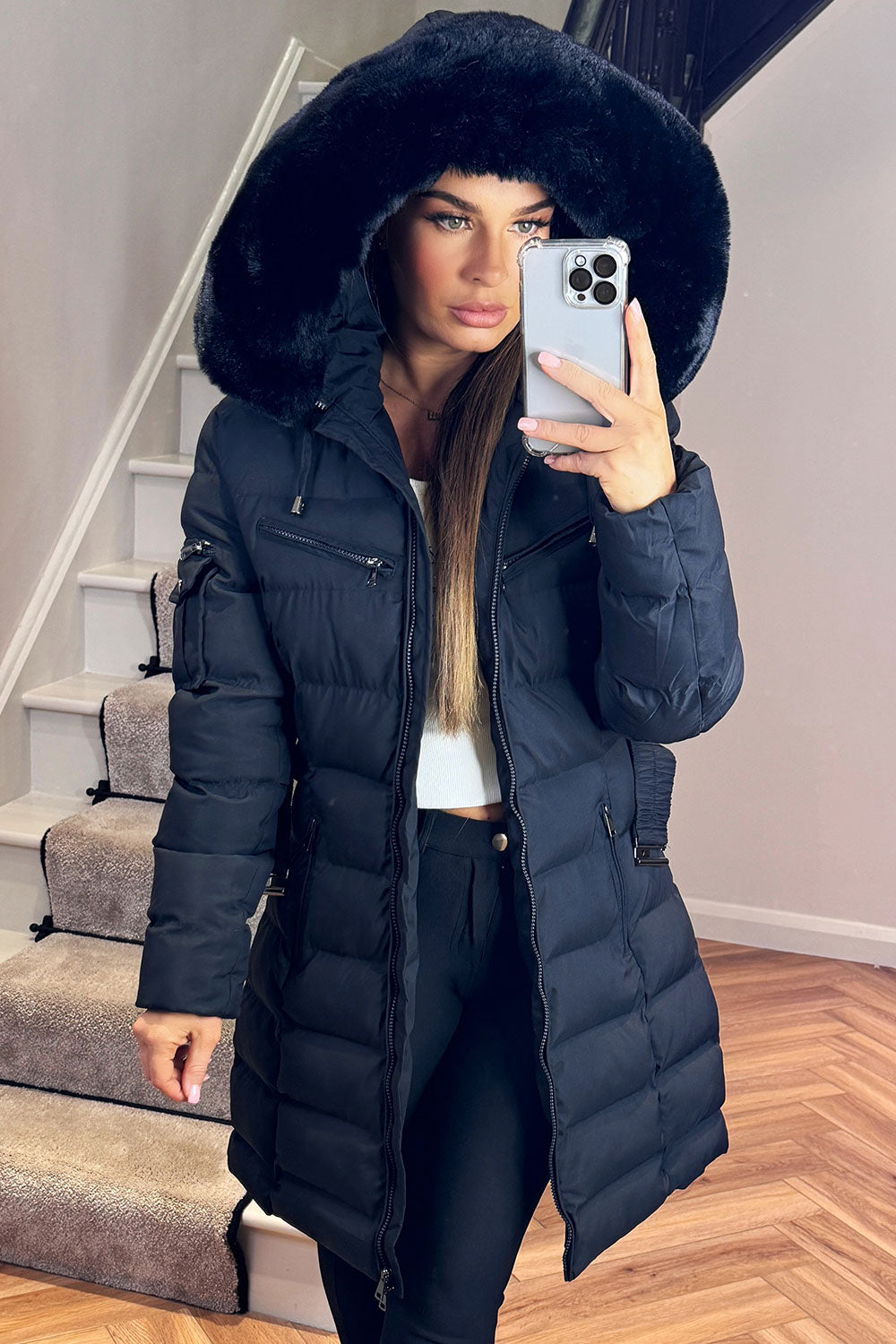 Longline Belted Puffer Coat with Faux Fur Hood
