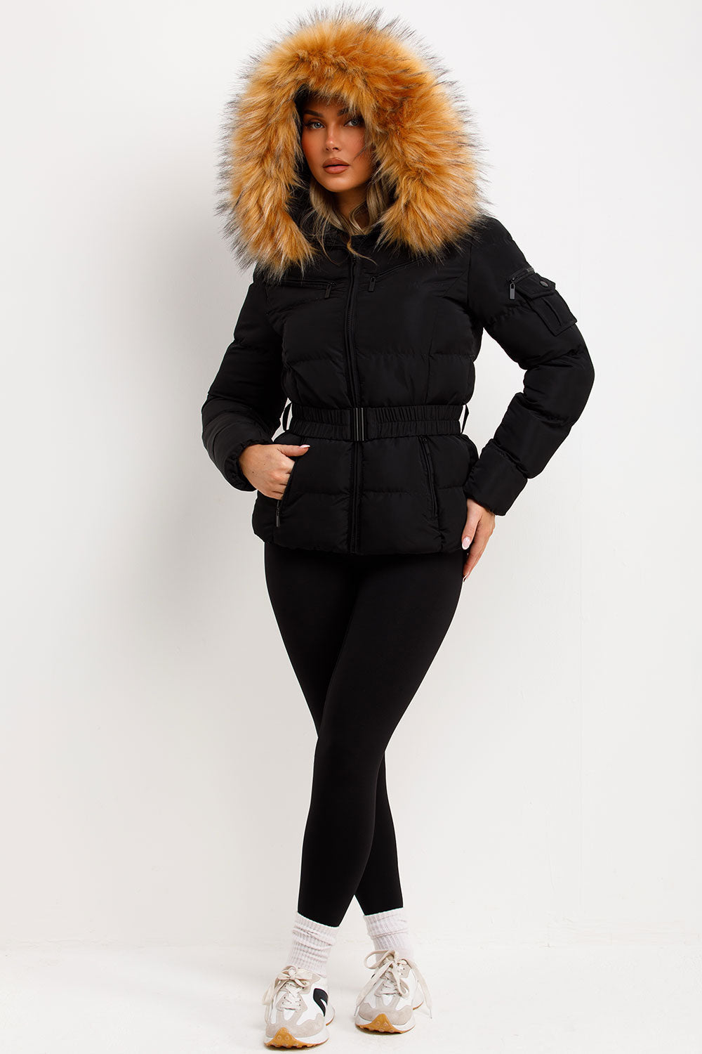 Belted Puffer Jacket with Faux Fur Hood