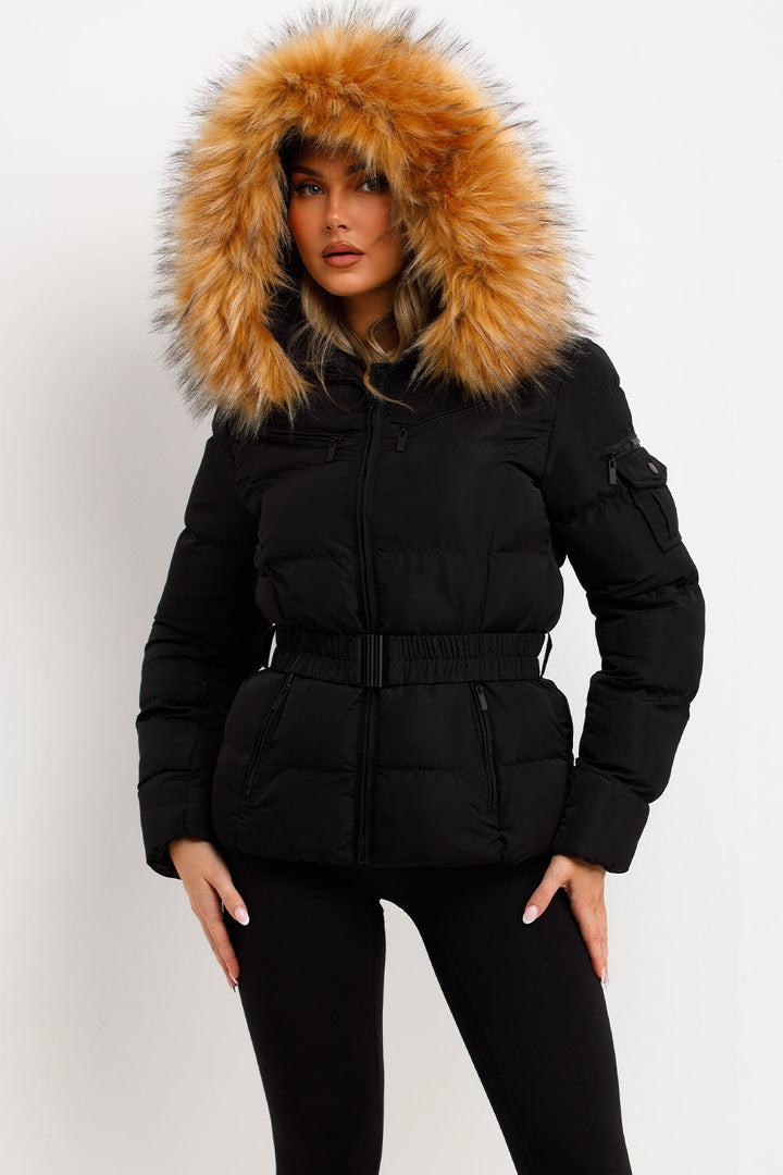 Belted Puffer Jacket with Faux Fur Hood