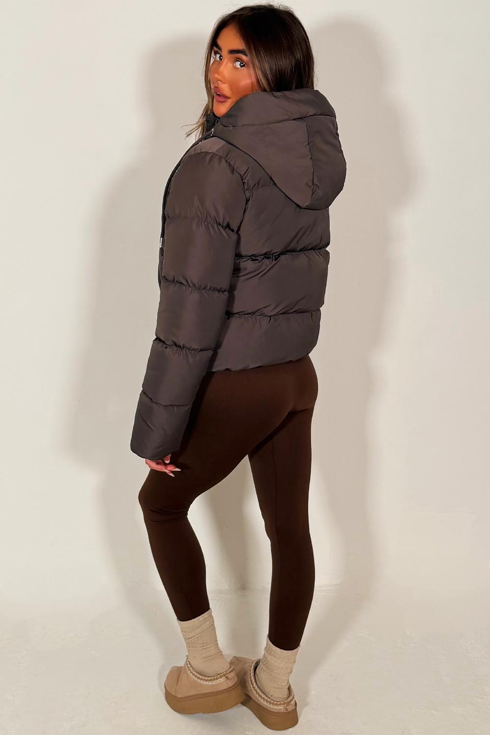 Hooded Puffer Jacket in Brown
