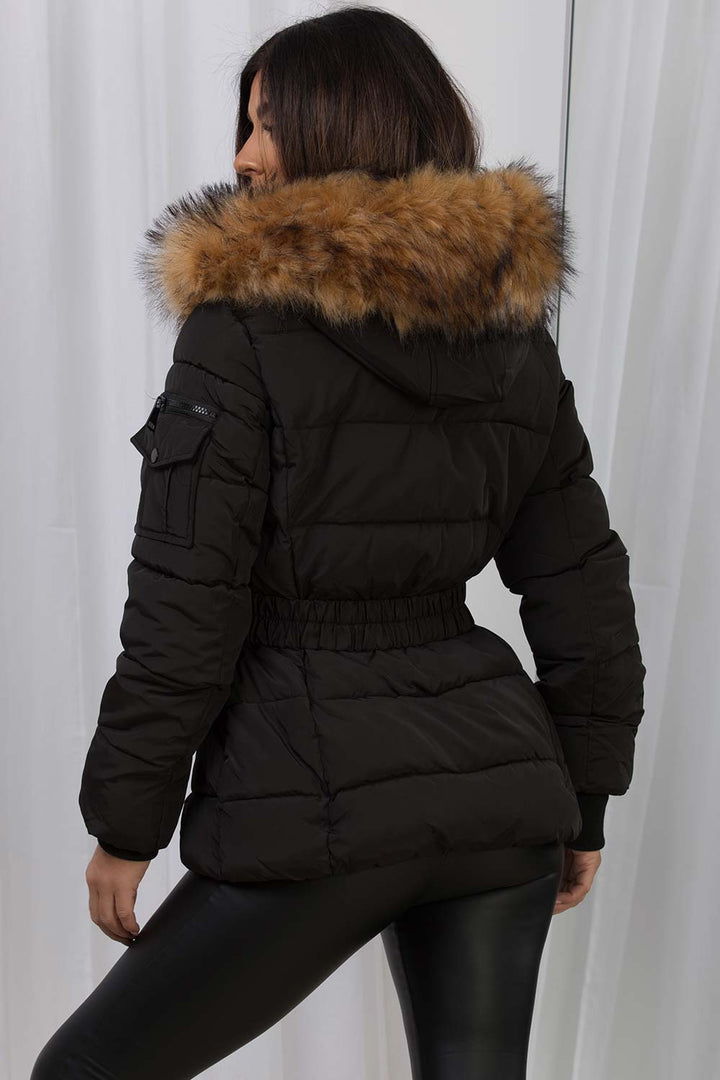 Belted Puffer Jacket with Faux Fur Hood