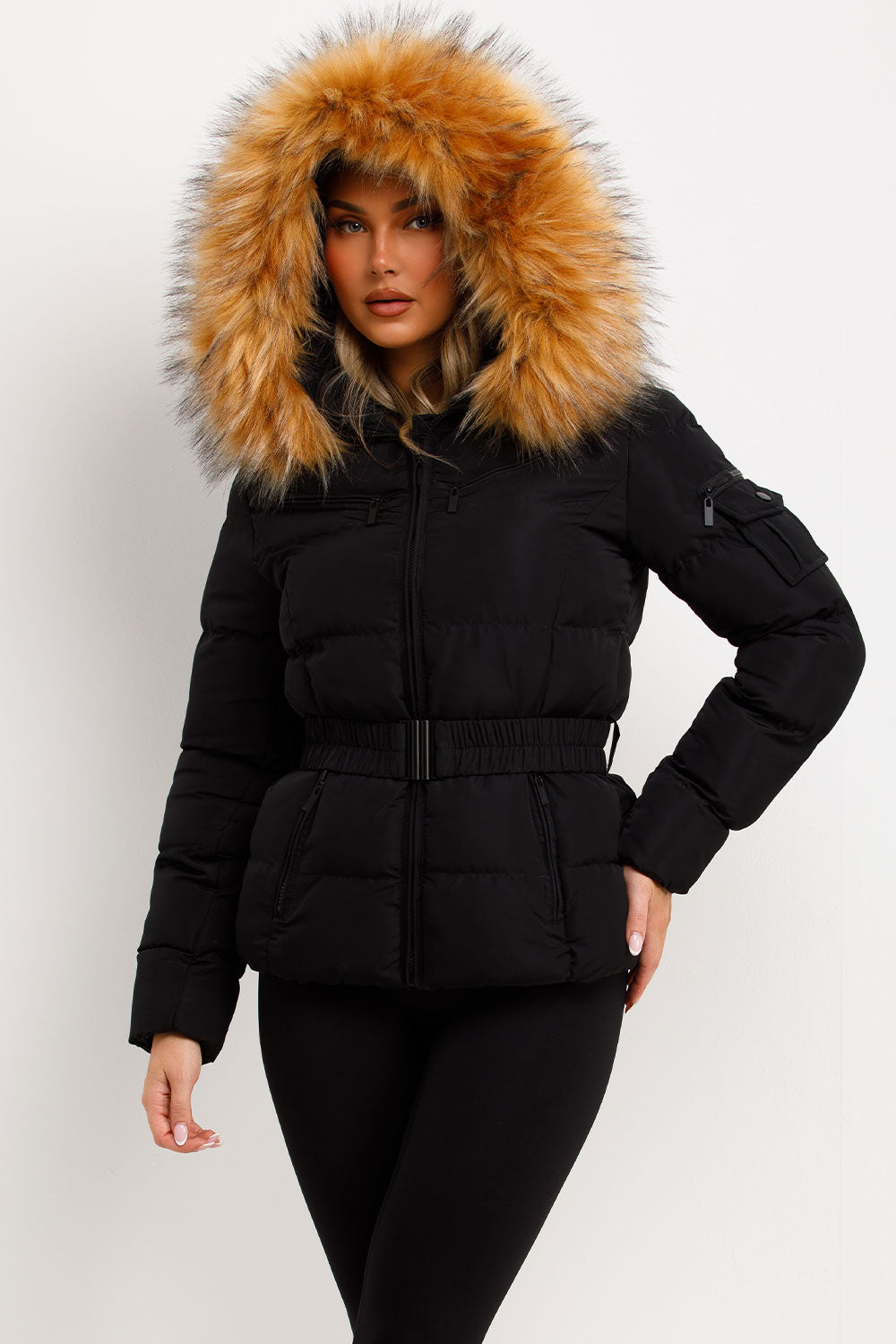 Belted Puffer Jacket with Faux Fur Hood