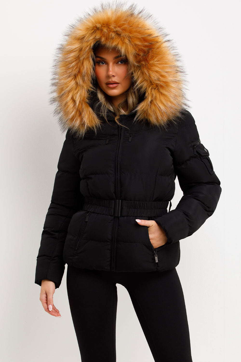 Belted Puffer Jacket with Faux Fur Hood