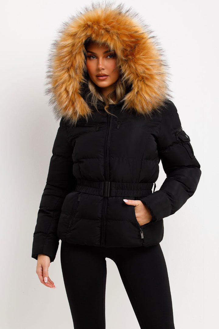 Belted Puffer Jacket with Faux Fur Hood
