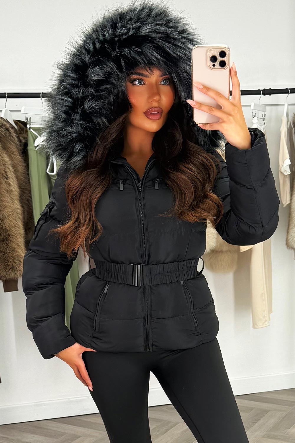 Faux Fur Hooded Belted Puffer Coat