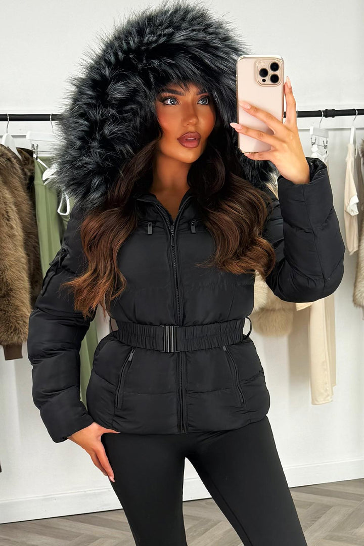 Faux Fur Hooded Belted Puffer Coat
