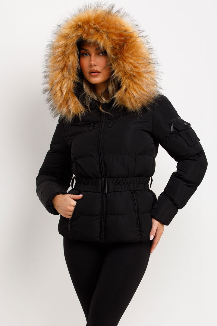 Belted Puffer Jacket with Faux Fur Hood