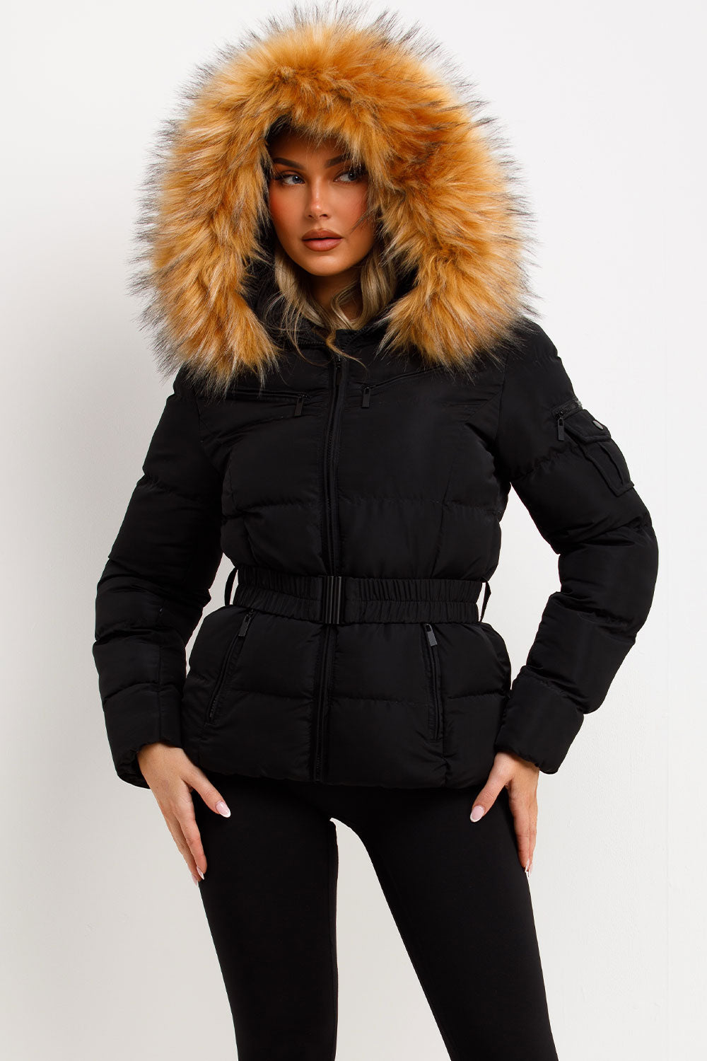 Belted Puffer Jacket with Faux Fur Hood