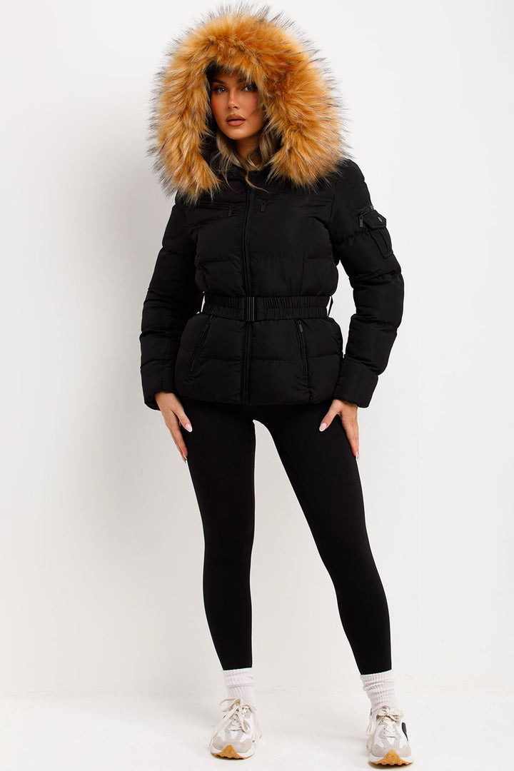 Belted Puffer Jacket with Faux Fur Hood