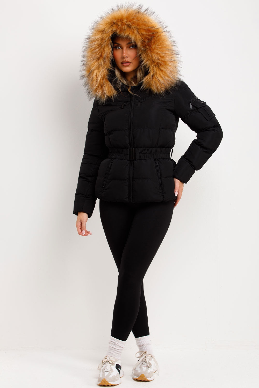 Belted Puffer Jacket with Faux Fur Hood