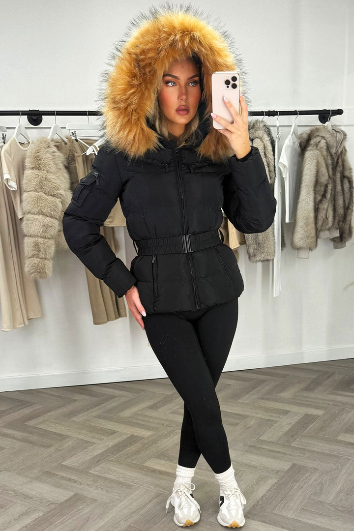 Belted Puffer Jacket with Faux Fur Hood
