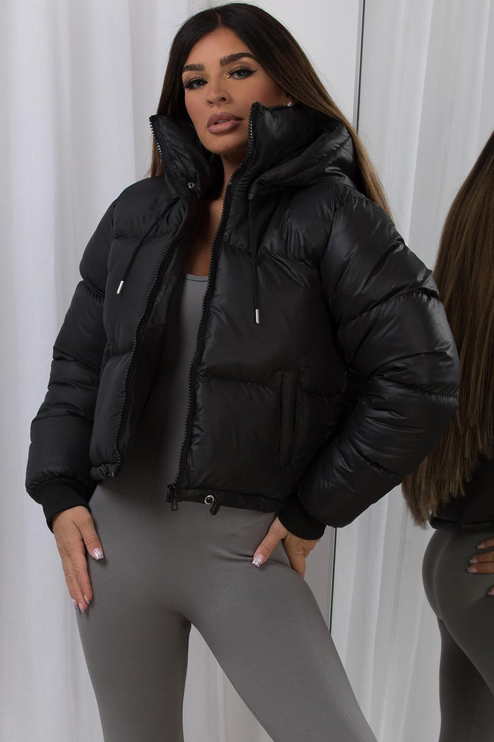 Puffer Jacket with Detachable Hood in Black