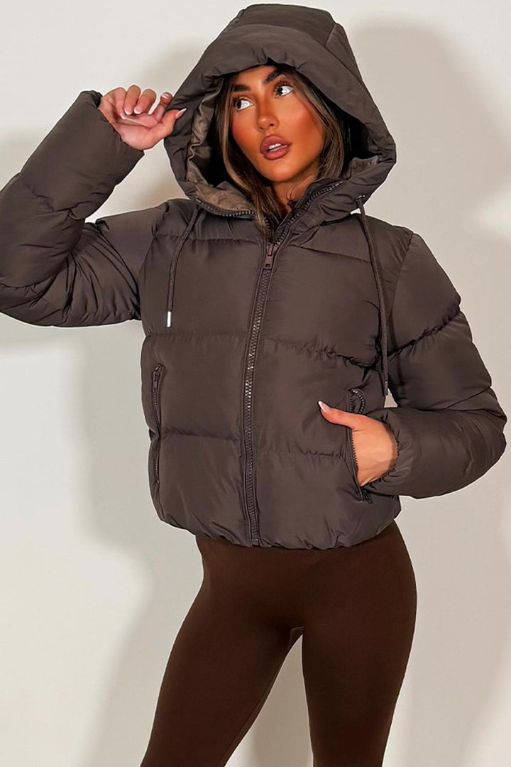 Hooded Puffer Jacket in Brown