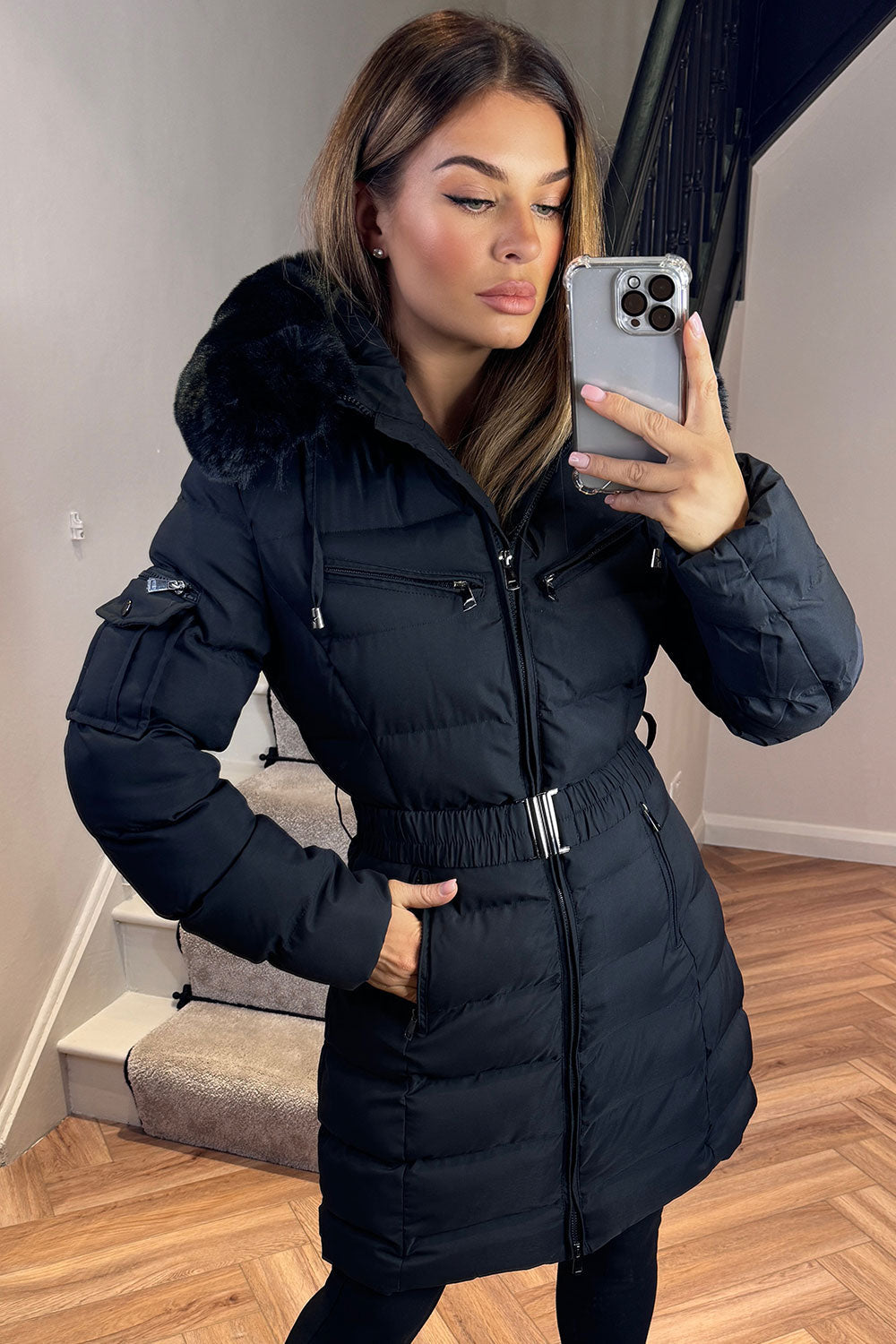 Longline Belted Puffer Coat with Faux Fur Hood