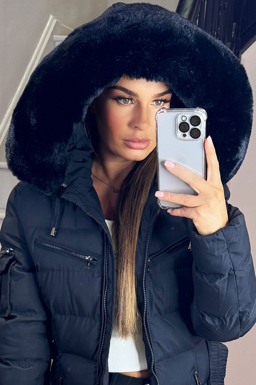 Longline Belted Puffer Coat with Faux Fur Hood