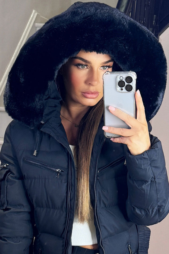 Longline Belted Puffer Coat with Faux Fur Hood