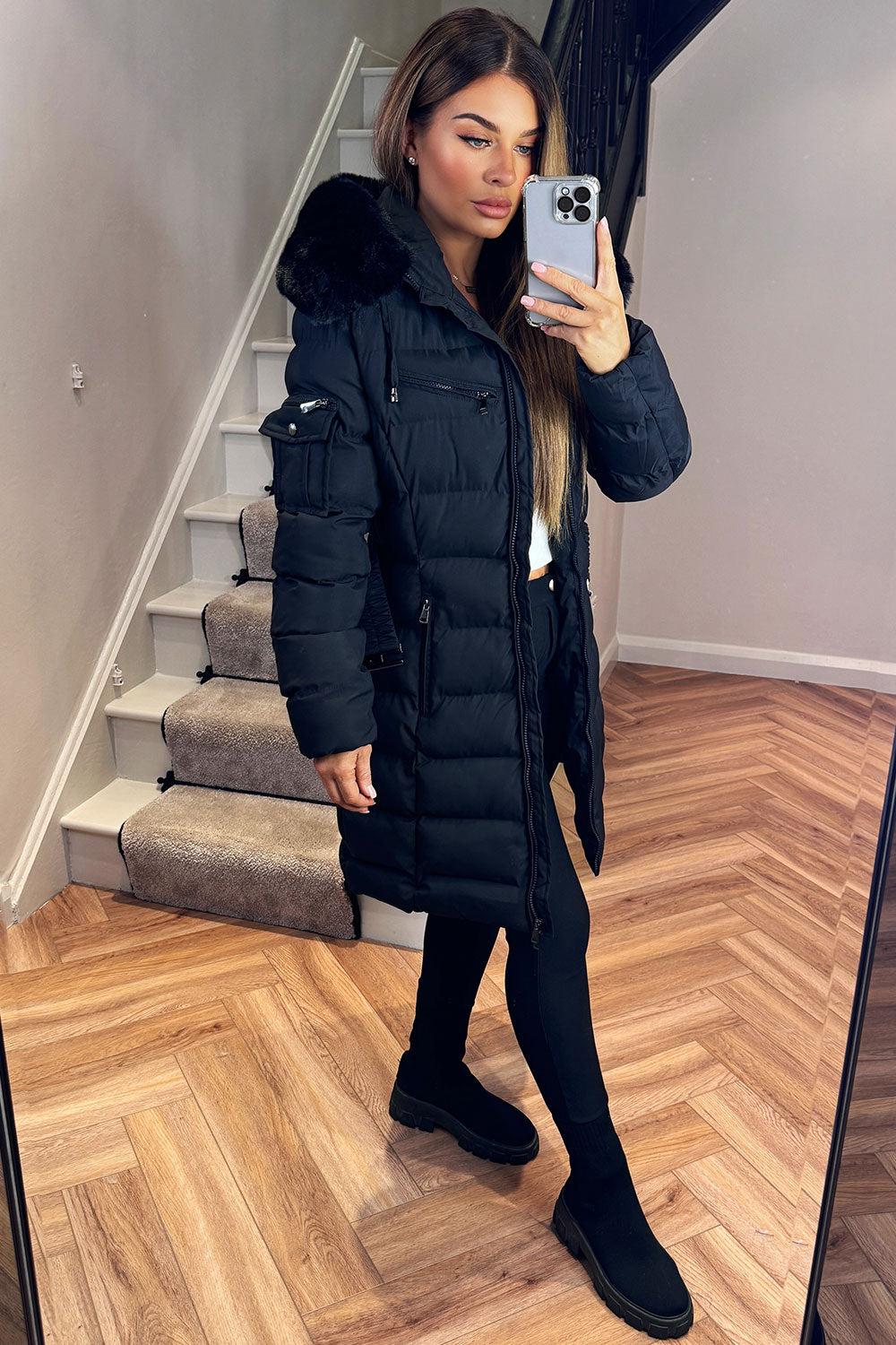 Longline Belted Puffer Coat with Faux Fur Hood