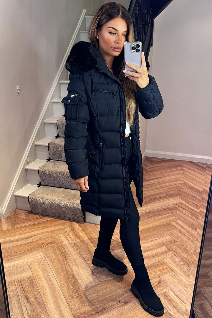 Longline Belted Puffer Coat with Faux Fur Hood