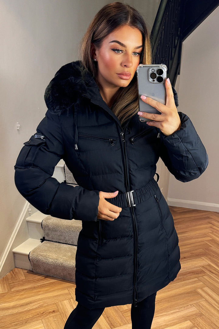 Longline Belted Puffer Coat with Faux Fur Hood