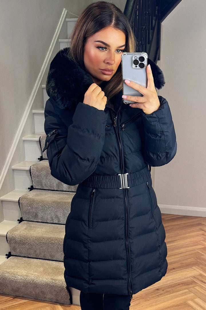 Longline Belted Puffer Coat with Faux Fur Hood