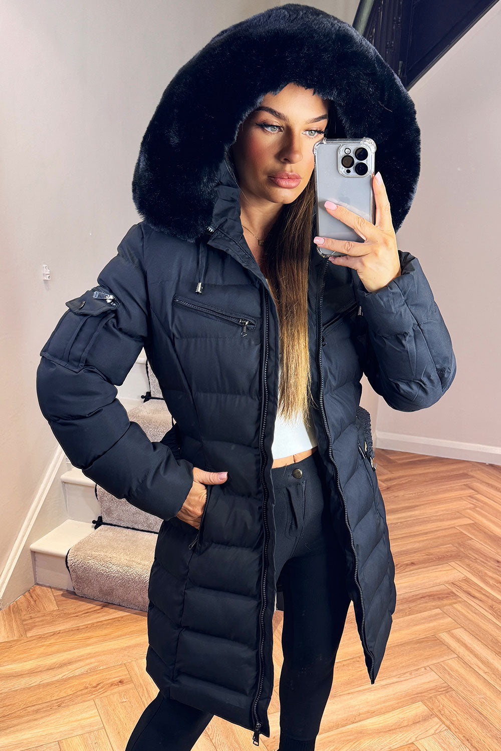 Longline Belted Puffer Coat with Faux Fur Hood