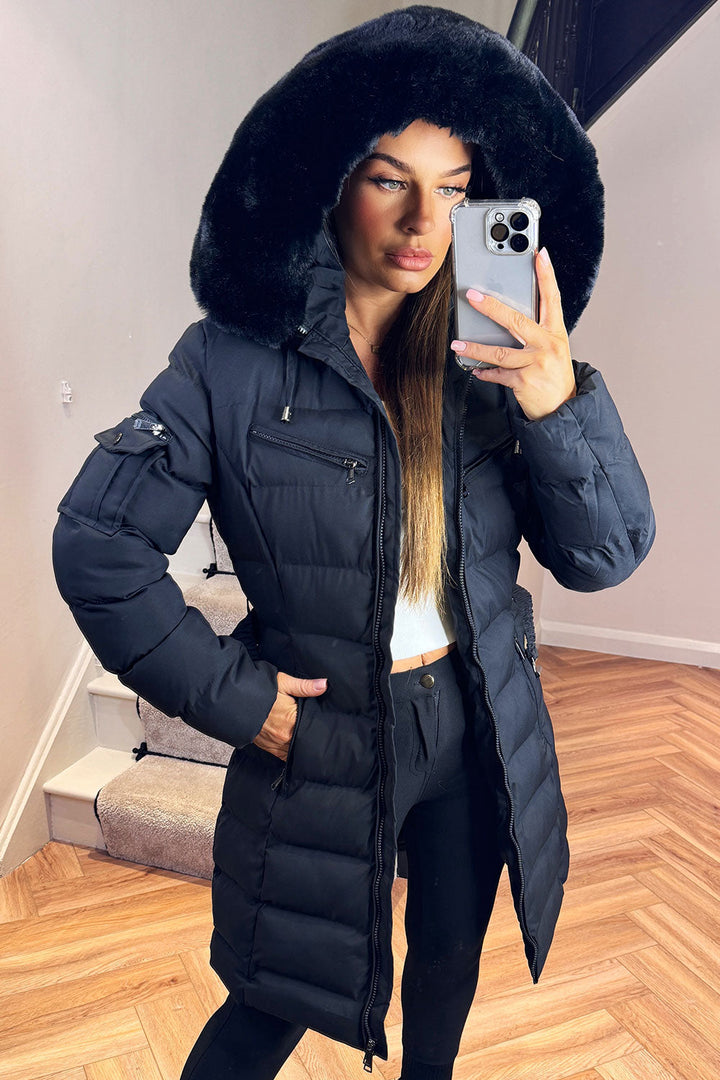 Longline Belted Puffer Coat with Faux Fur Hood