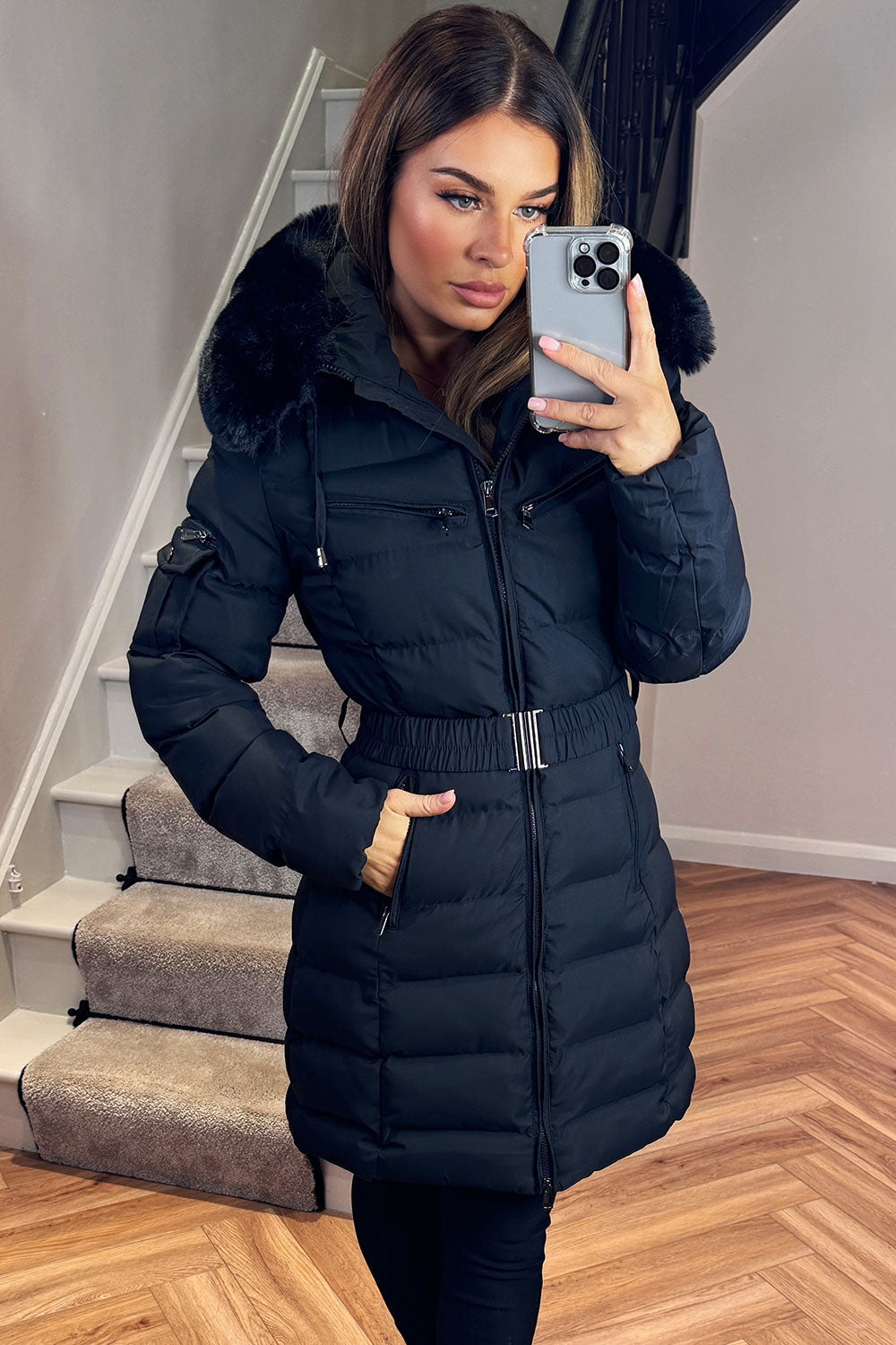 Longline Belted Puffer Coat with Faux Fur Hood