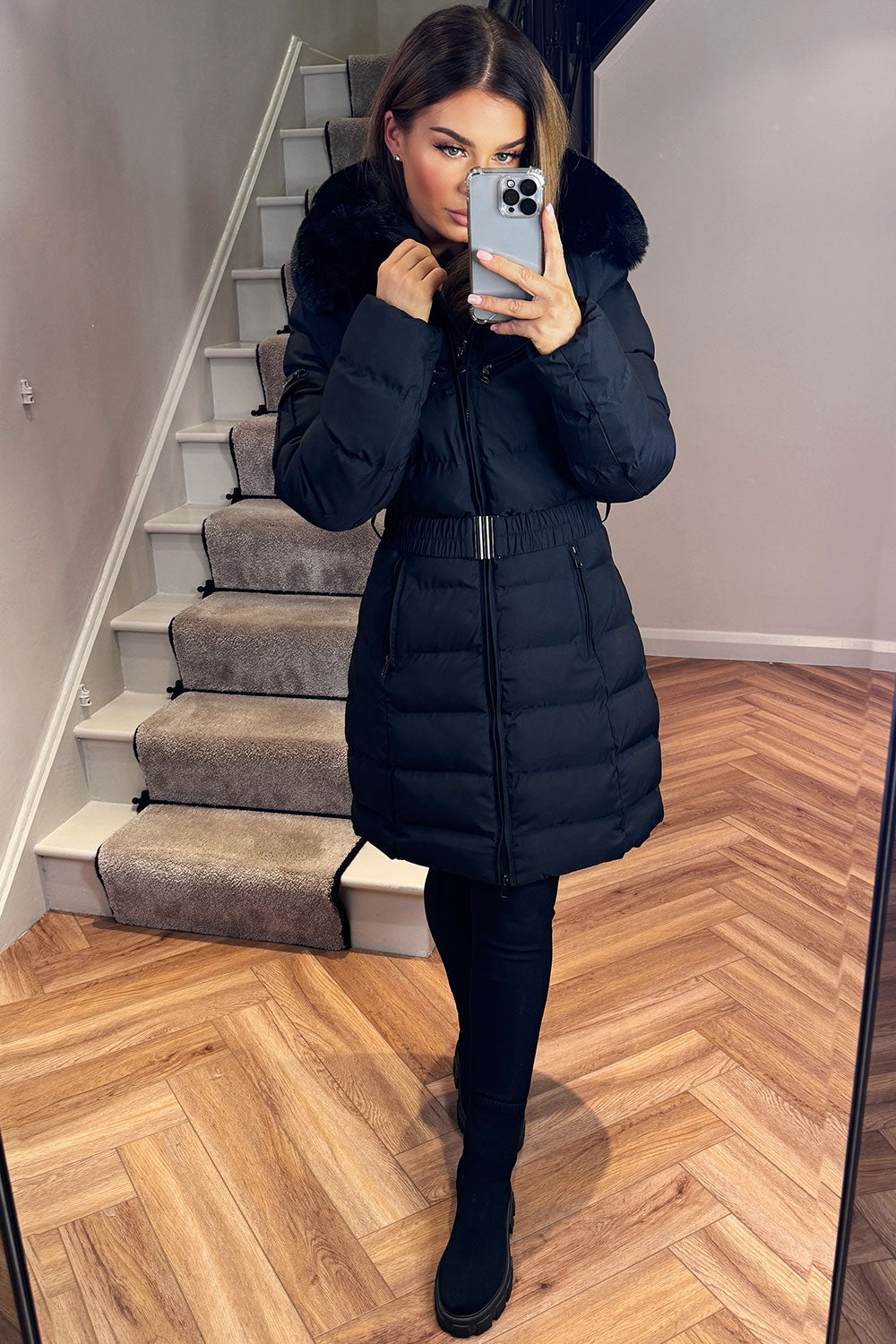 Longline Belted Puffer Coat with Faux Fur Hood