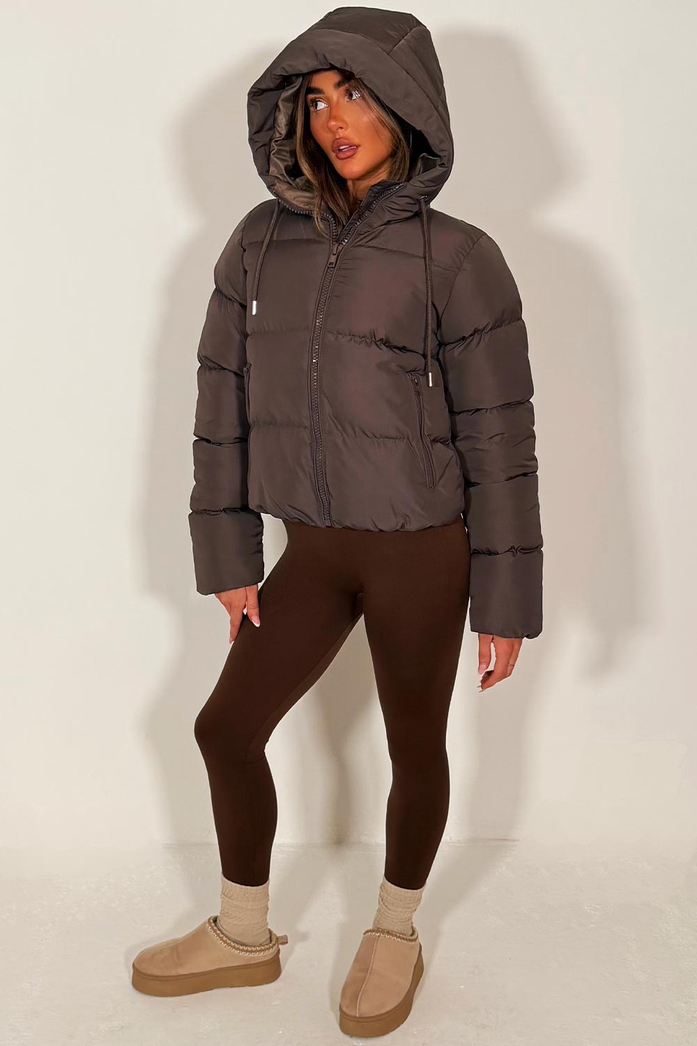 Hooded Puffer Jacket in Brown