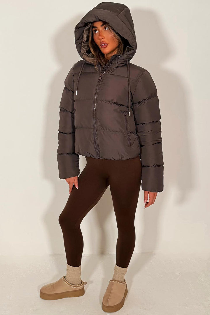 Hooded Puffer Jacket in Brown