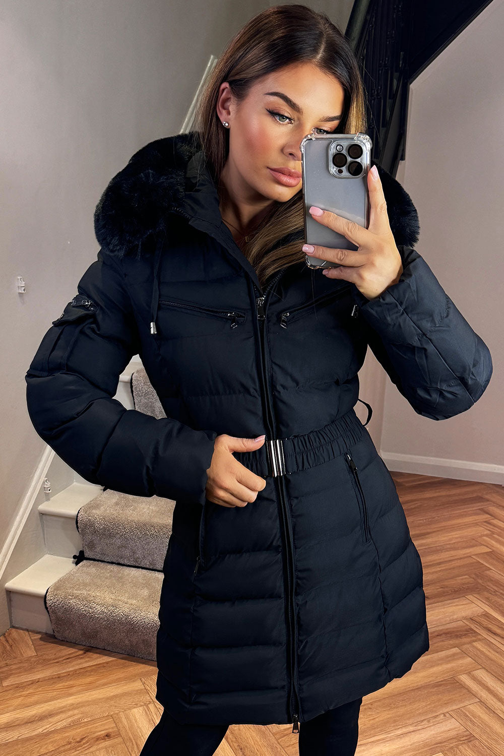 Longline Belted Puffer Coat with Faux Fur Hood