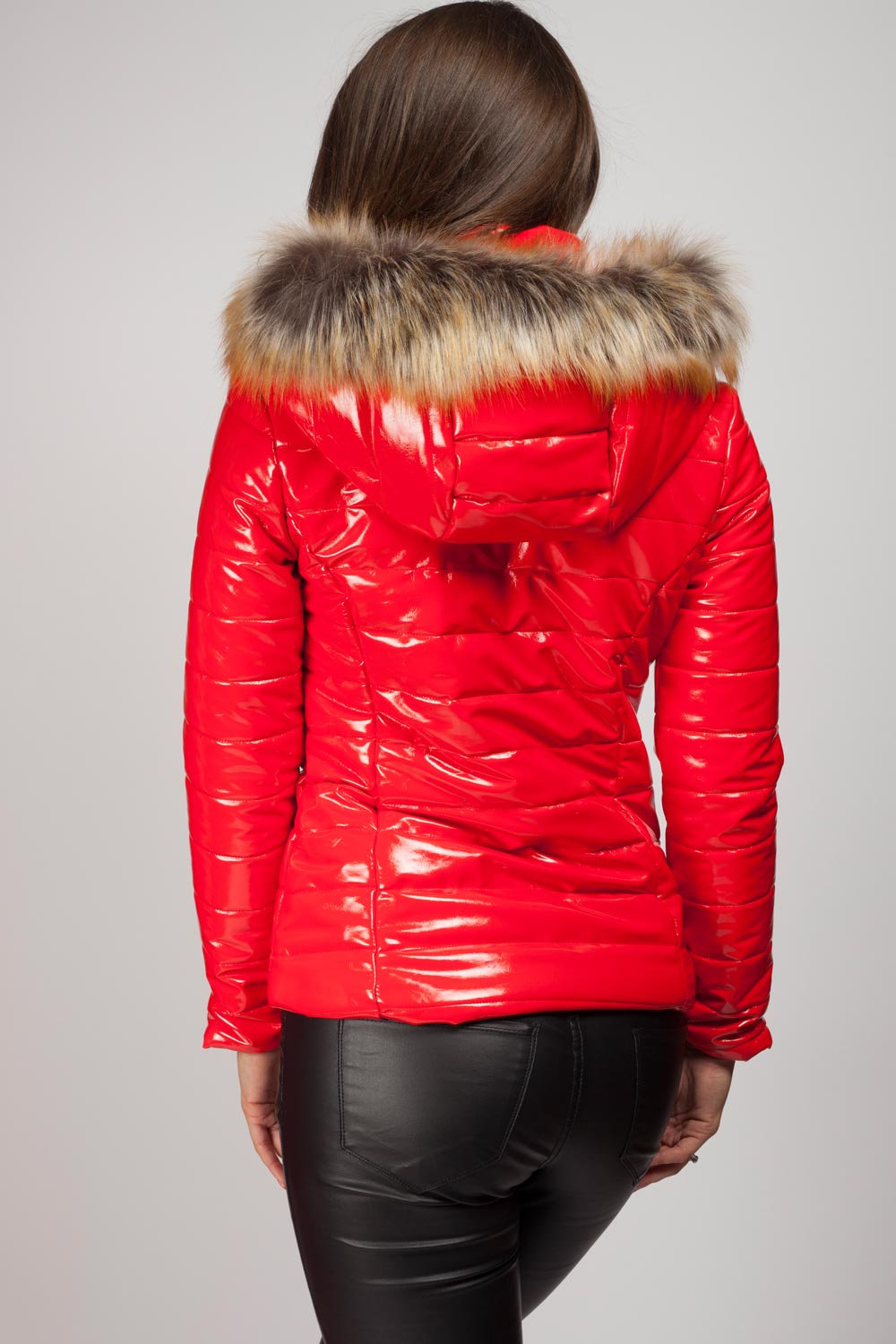 Wet Look Puffer Coat with Faux Fur Hood