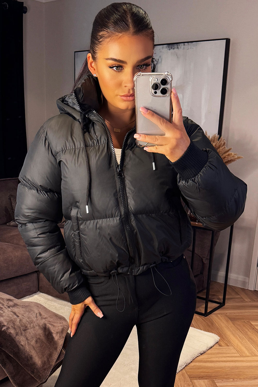 Puffer Jacket with Detachable Hood in Black