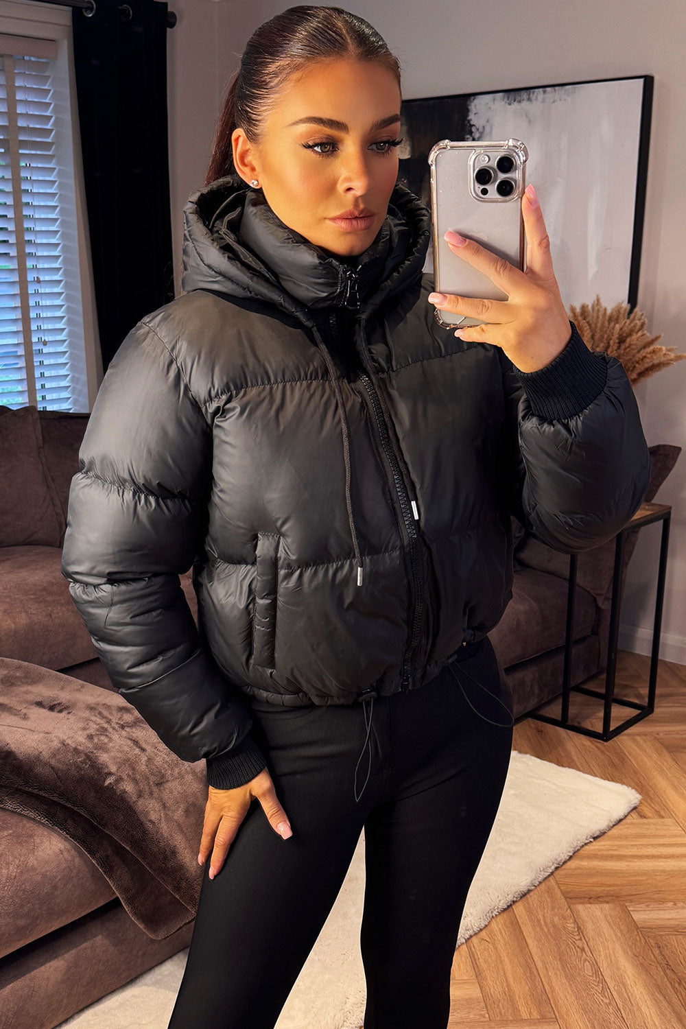 Puffer Jacket with Detachable Hood in Black