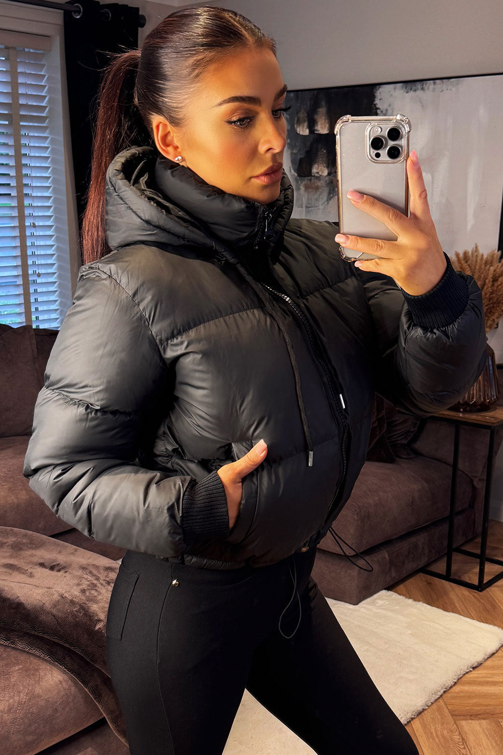 Puffer Jacket with Detachable Hood in Black