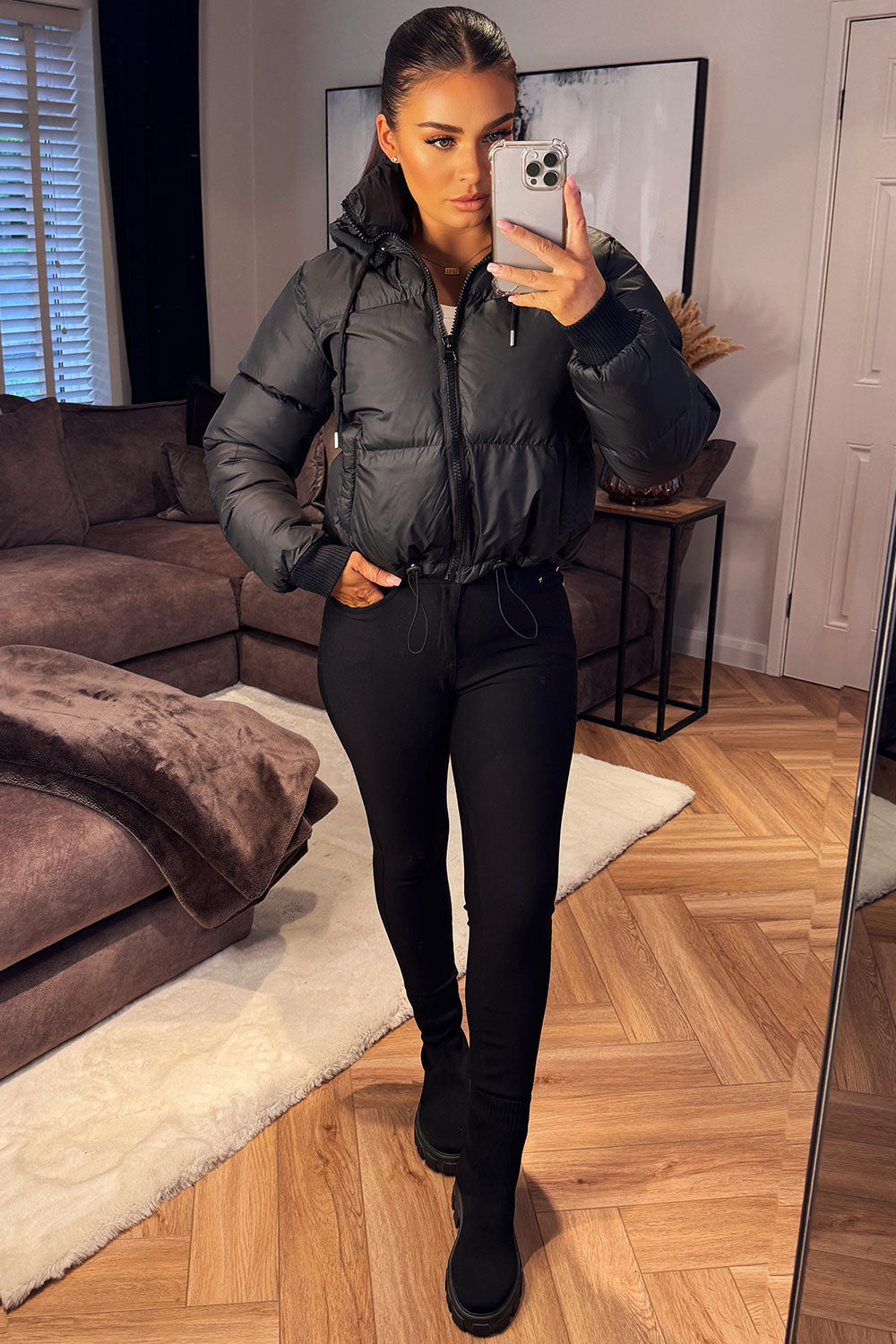 Puffer Jacket with Detachable Hood in Black