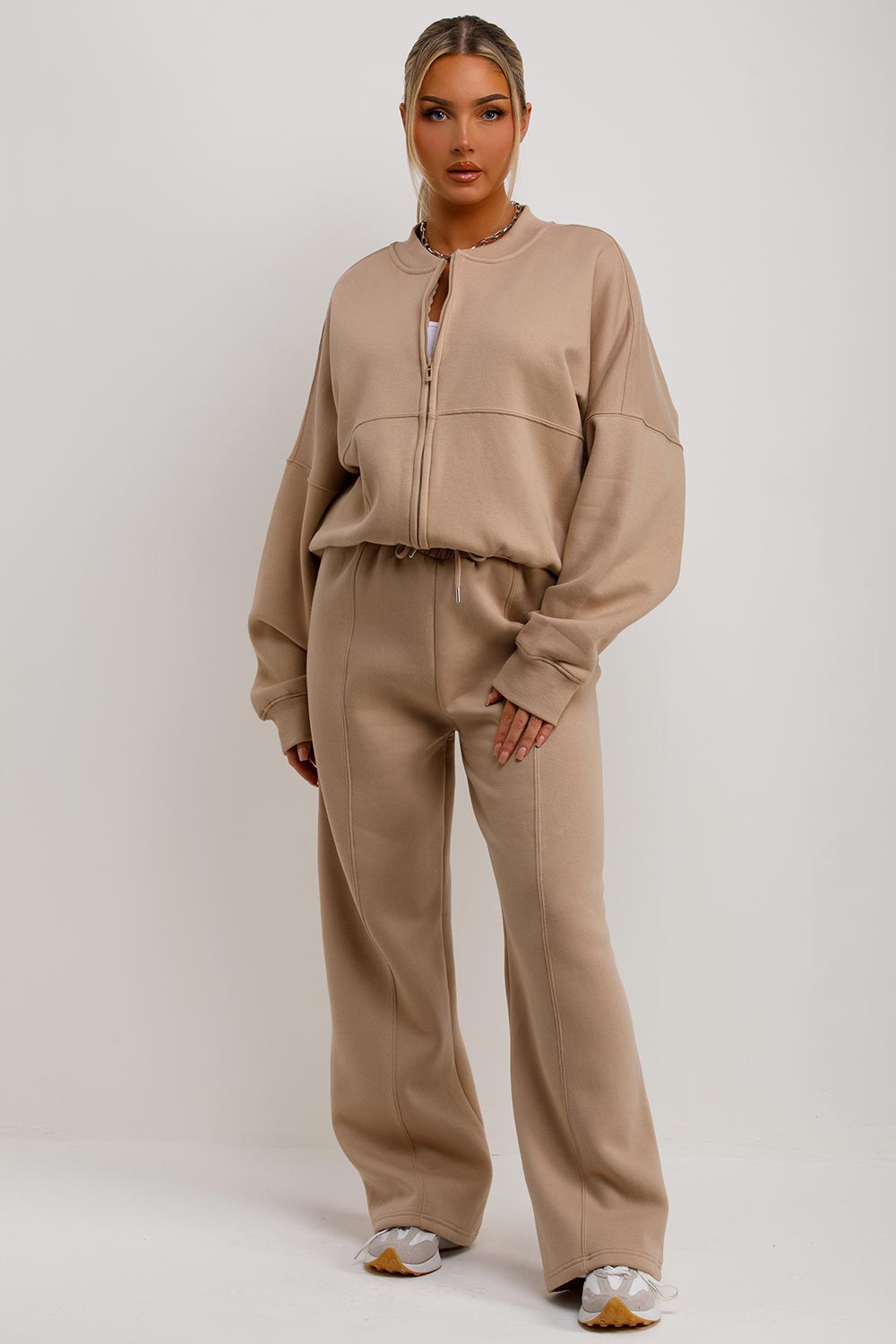 Zip Bomber Sweatshirt and Joggers Set in Beige