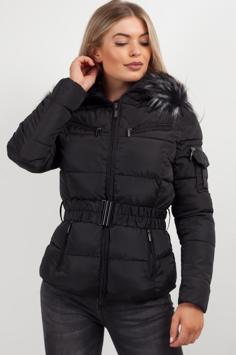 Faux Fur Hooded Belted Puffer Coat
